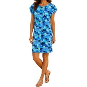 Anthonys Resort Wear Dress Womens L Blue Palm Tree Tropical Vacation Cruise